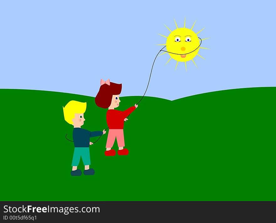 Happy children hauling to the sun with a rope.Discovering the renewable energy of the sun.