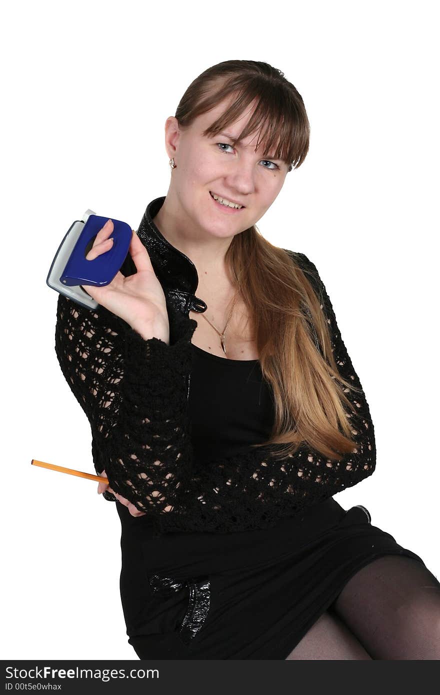 Girl with pencil and hole-puncher, on white background. Girl with pencil and hole-puncher, on white background