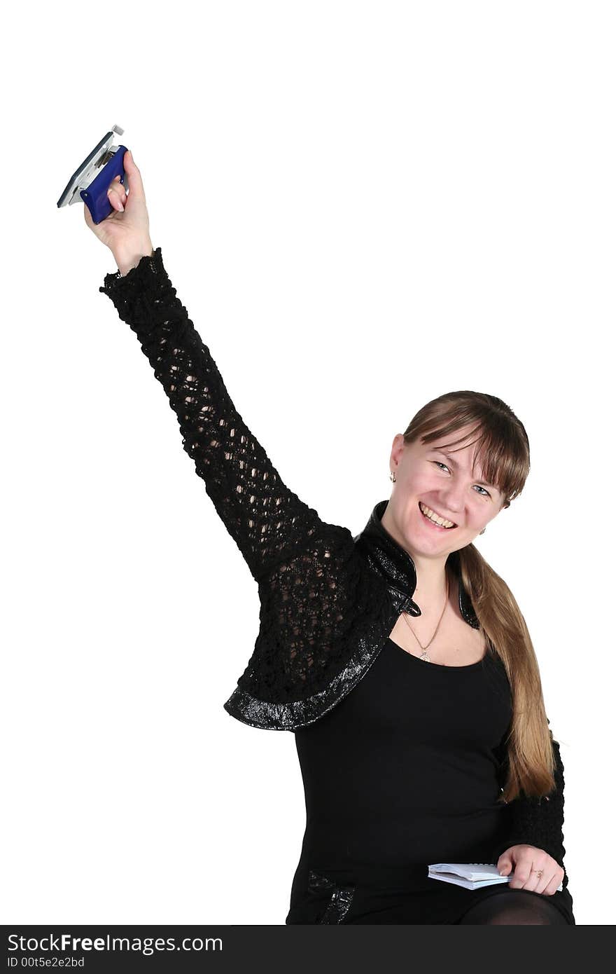 Girl with pencil and hole-puncher, on white background. Girl with pencil and hole-puncher, on white background