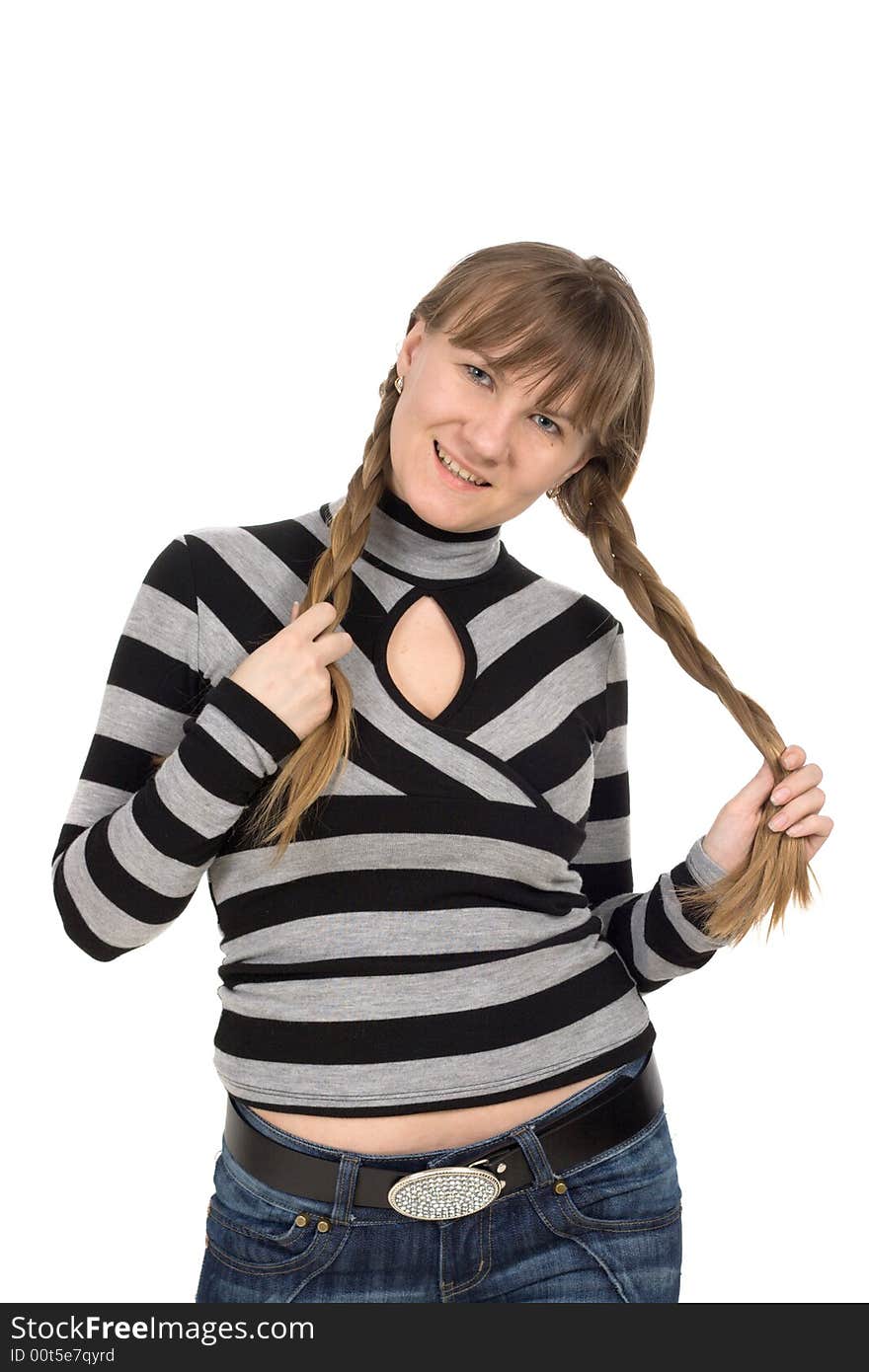 Girl with pigtail on white background