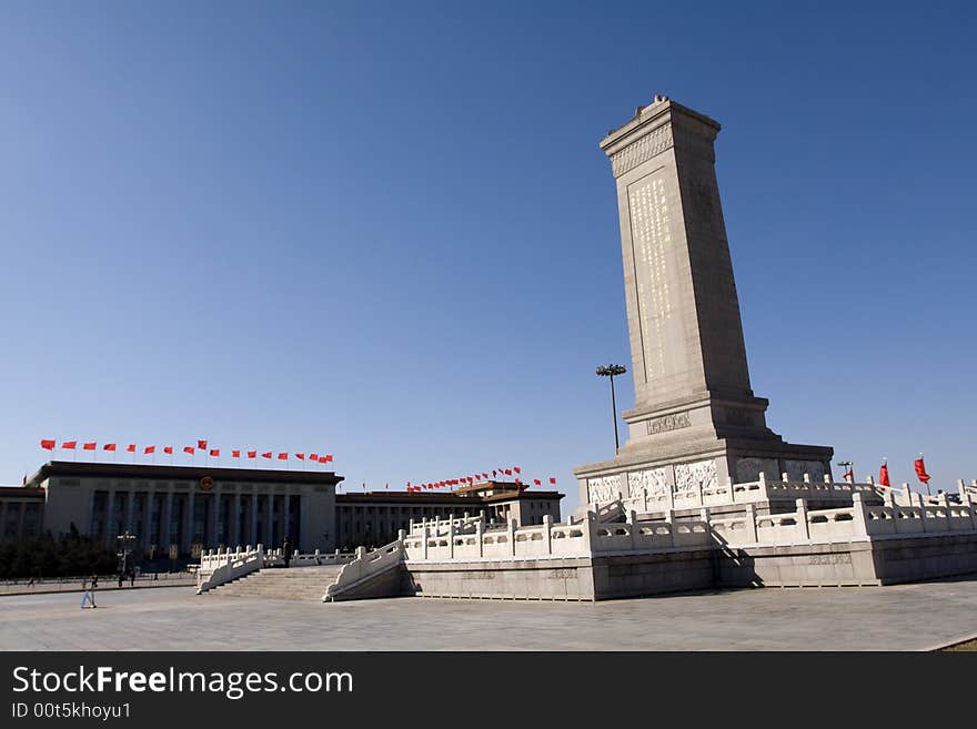 Mounument to the People's Heroes in Tiananmen Square in Beijing center. Mounument to the People's Heroes in Tiananmen Square in Beijing center.