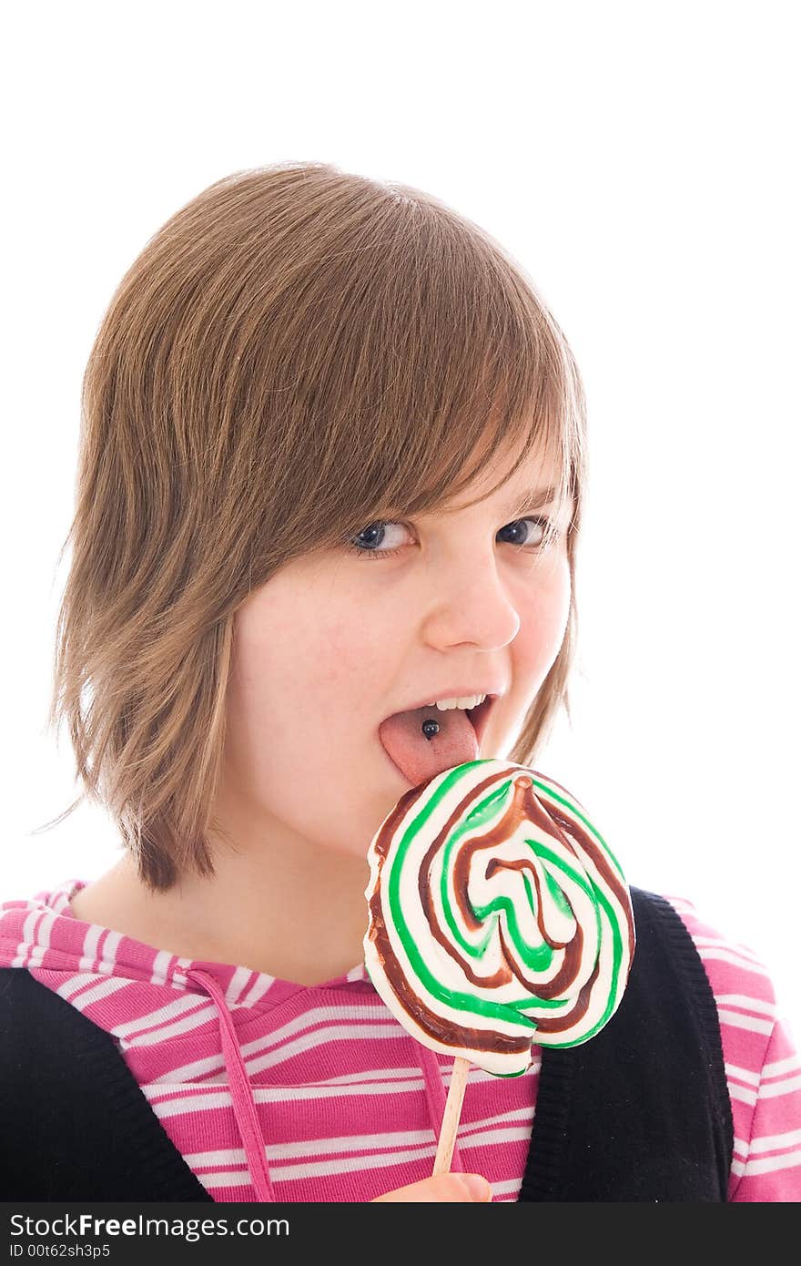 The Girl With A Sugar Candy Isolated On A White