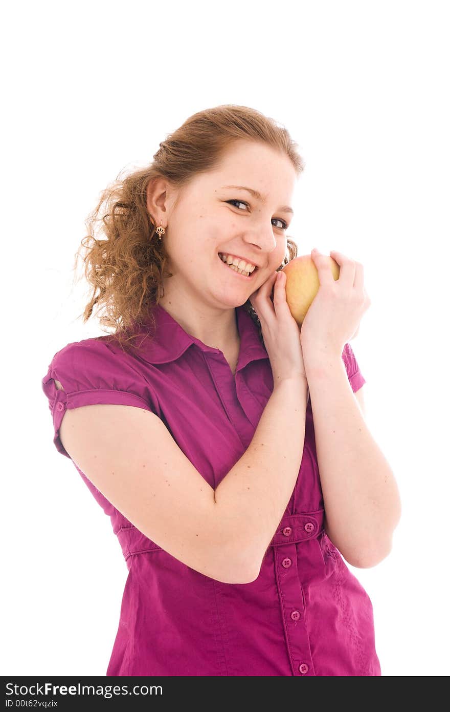 The young beautiful girl with the apple isolated on a white background