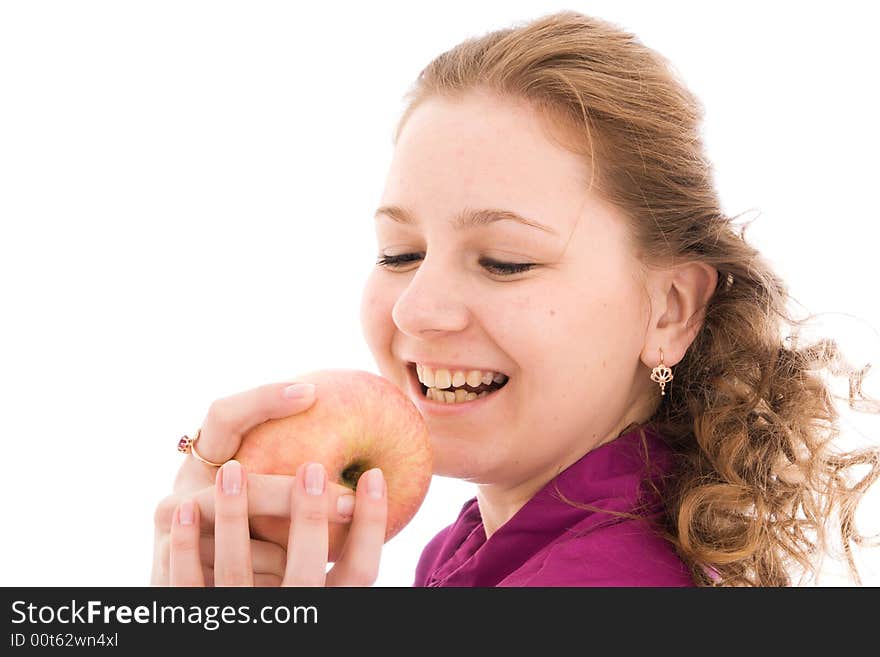 The young beautiful girl with the apple isolated on a white background