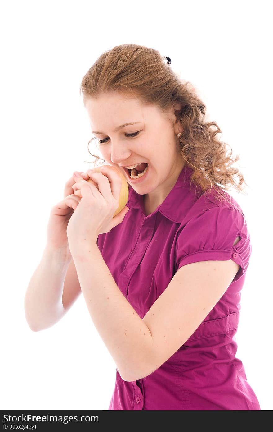 The young beautiful girl with the apple isolated on a white background