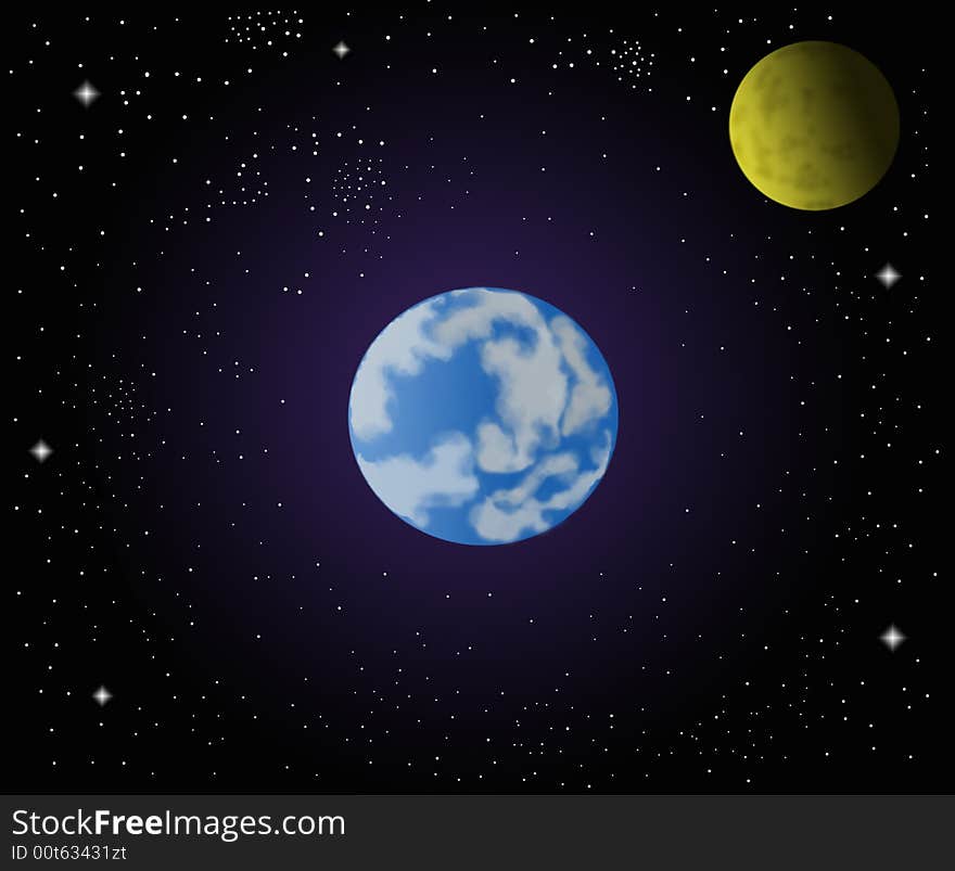 Beautiful illustration - Earth, Moon, stars. Beautiful illustration - Earth, Moon, stars