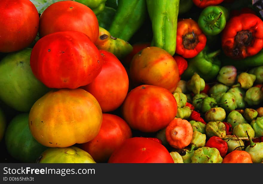 A bunch of fresh vegetables on display. A bunch of fresh vegetables on display