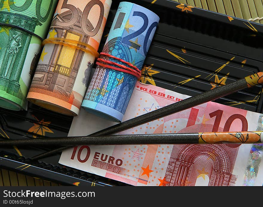 Euro banknotes with the sticks. Euro banknotes with the sticks