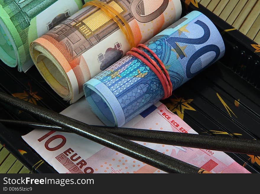 Euro banknotes with the sticks. Euro banknotes with the sticks