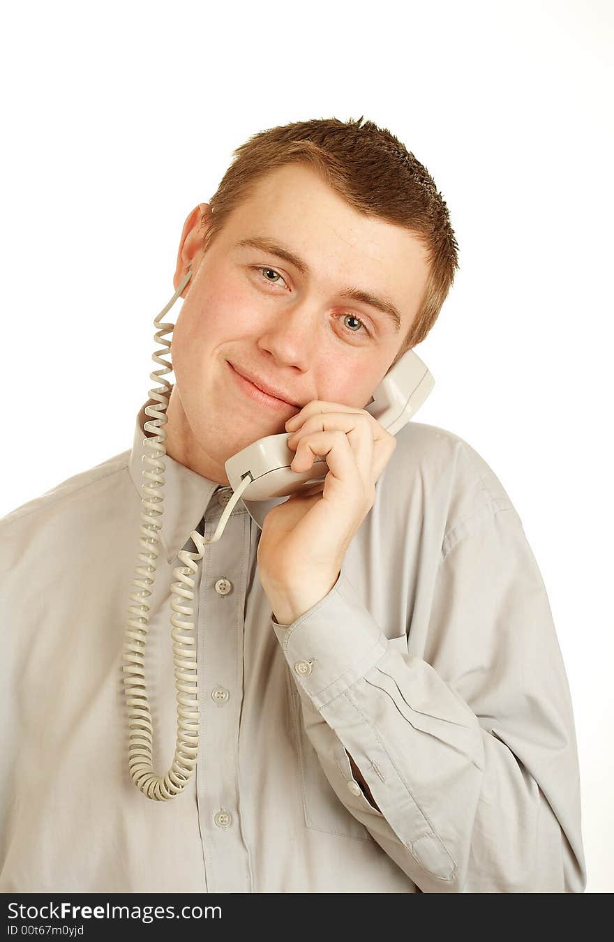 Happy man with phone tube over white