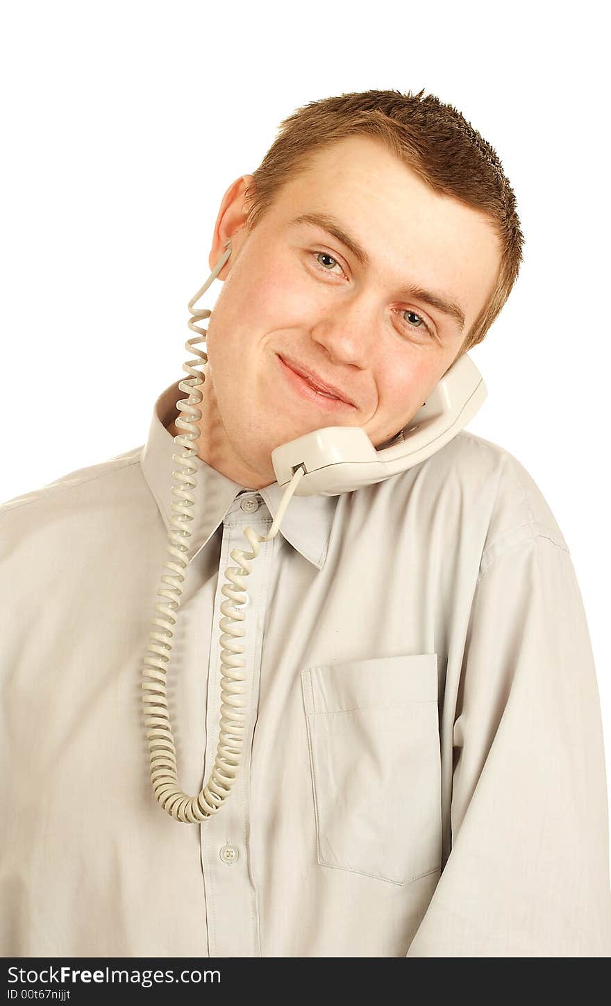 Happy man with phone tube over white