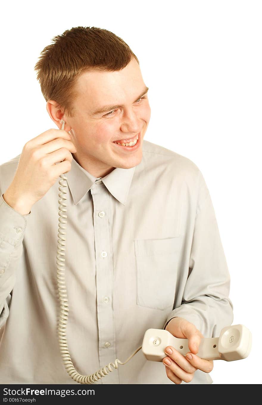 Happy man with phone tube over white