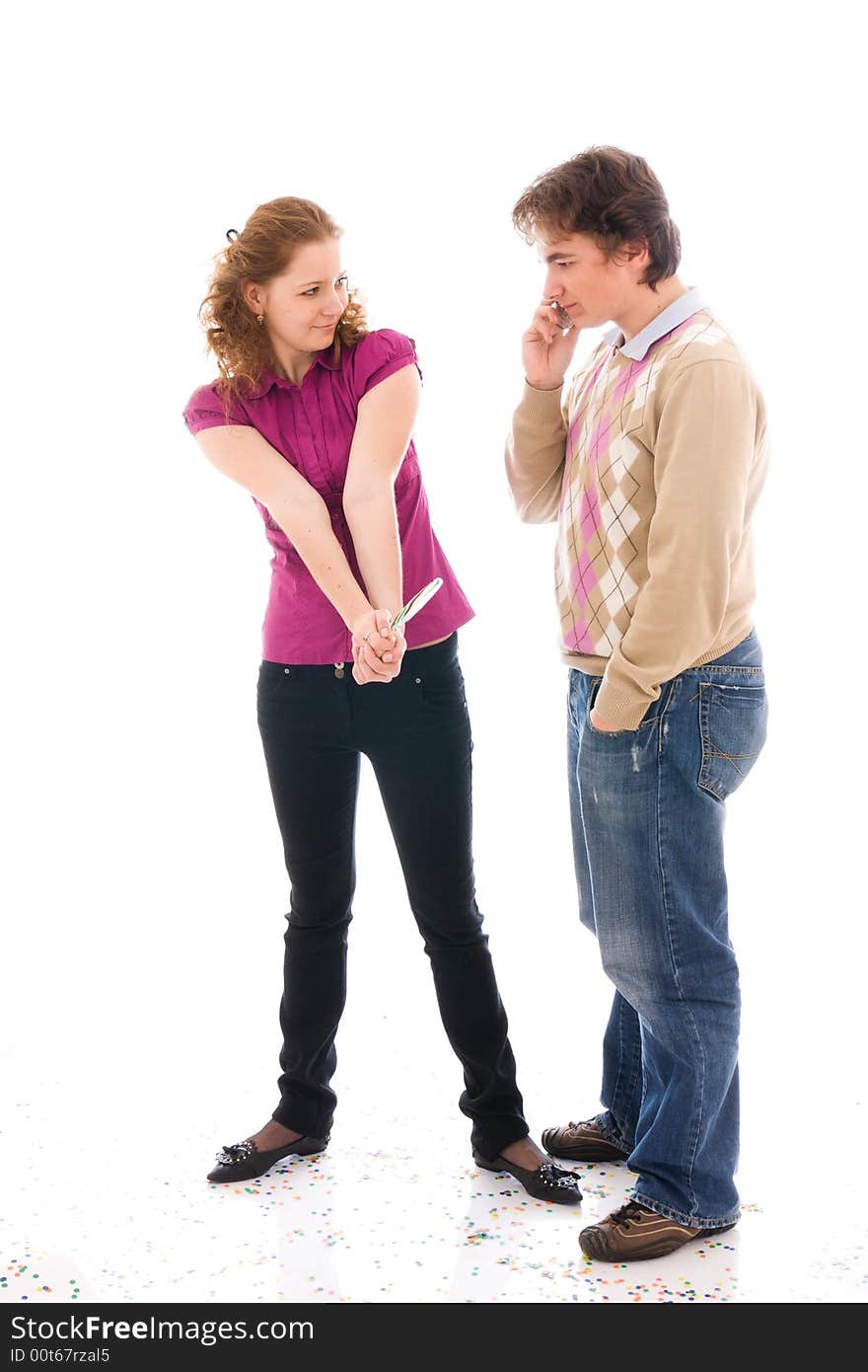 The girl with a young guy isolated on a white background