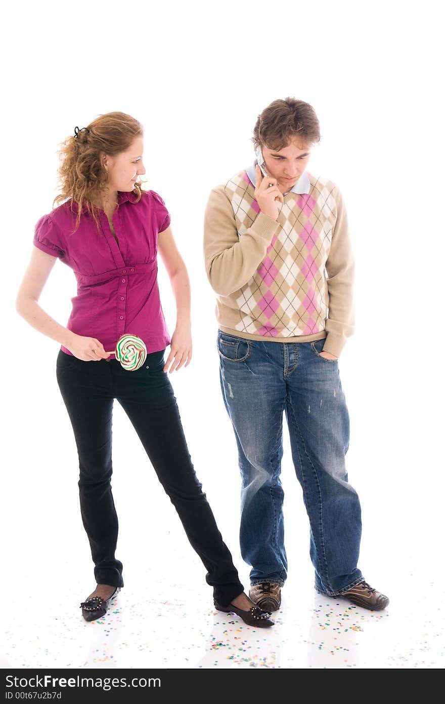 The girl with a young guy isolated on a white background