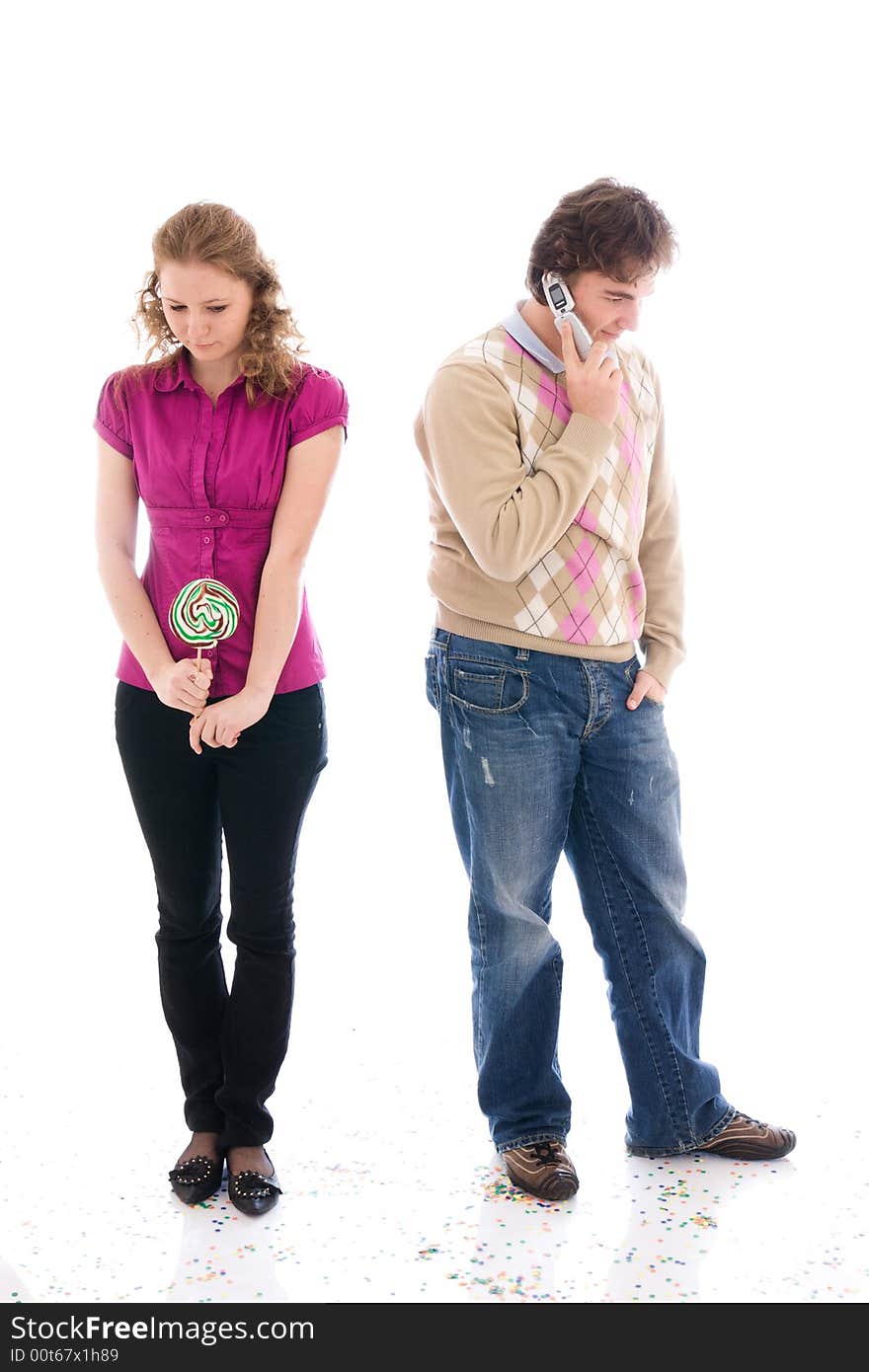 The girl with a young guy isolated on a white background