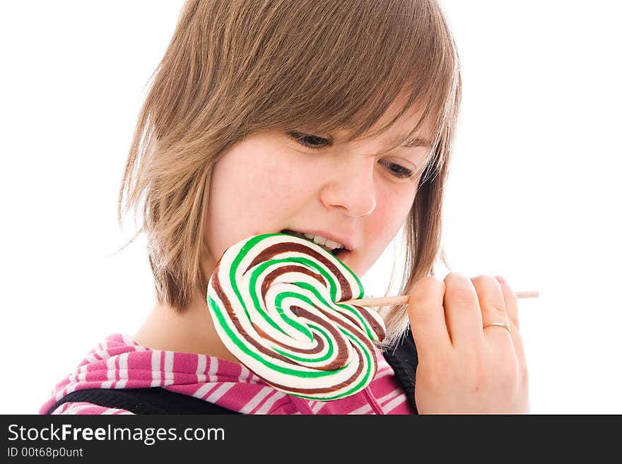 The Girl With A Sugar Candy Isolated On A White