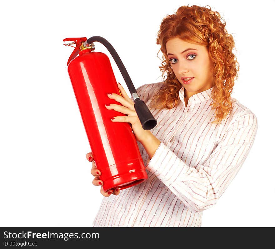 Business lady with extinguisher