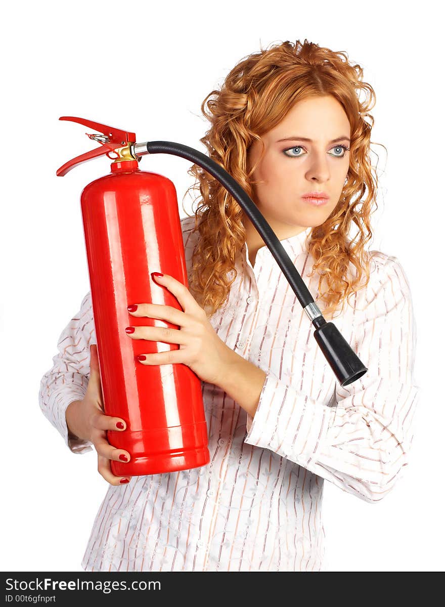 Business lady with extinguisher