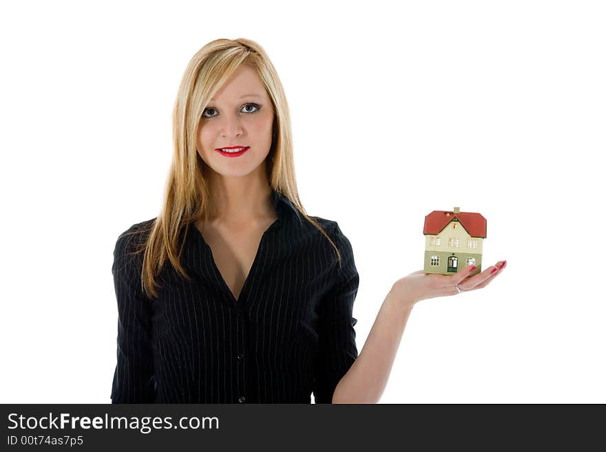 Business woman advertises real estate on white background