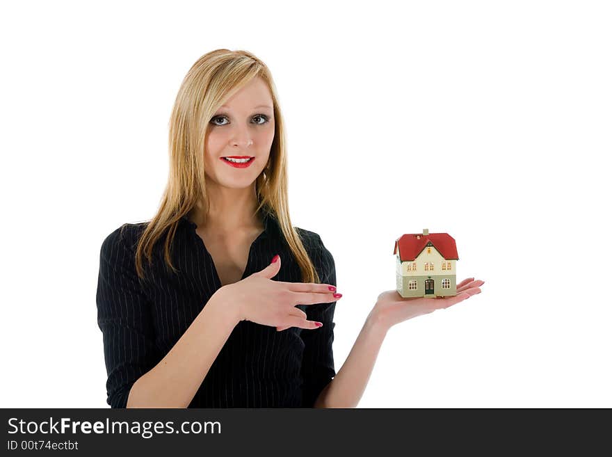 Business woman advertises real estate on white background