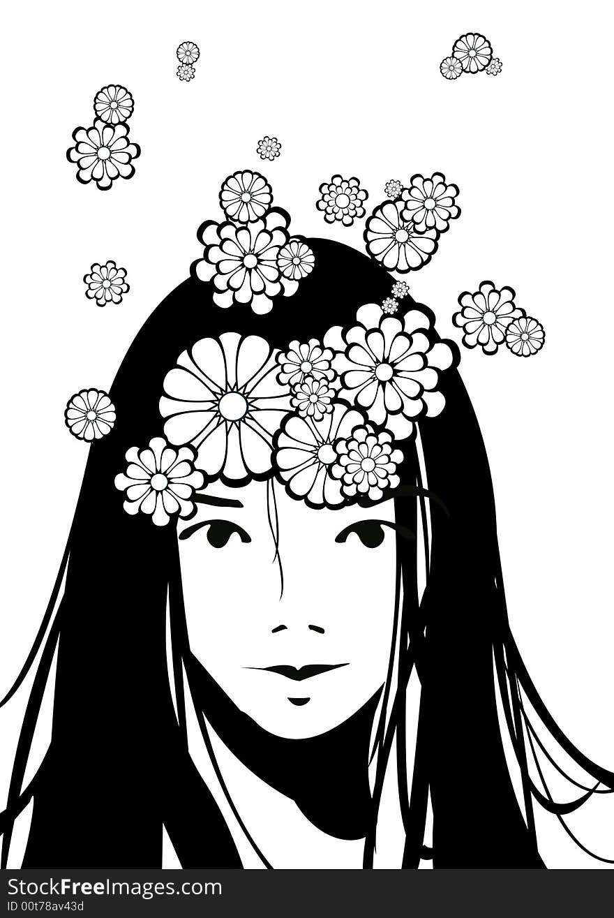 A picture of a young female with flowers flying around her head. A picture of a young female with flowers flying around her head