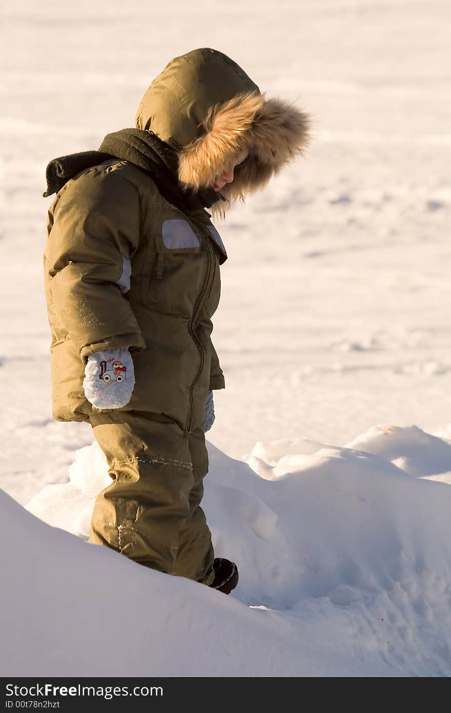 Little boy in a green arctic jacket with a collar et on to snow at the frozen lake. Little boy in a green arctic jacket with a collar et on to snow at the frozen lake