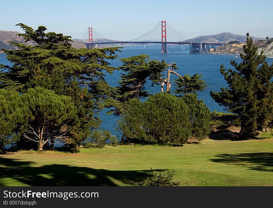 View of Golden Gate Bridge from golf field