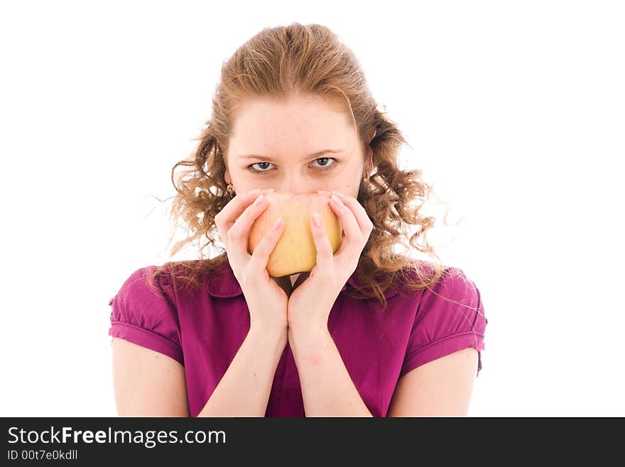 The young beautiful girl with the apple isolated on a white background