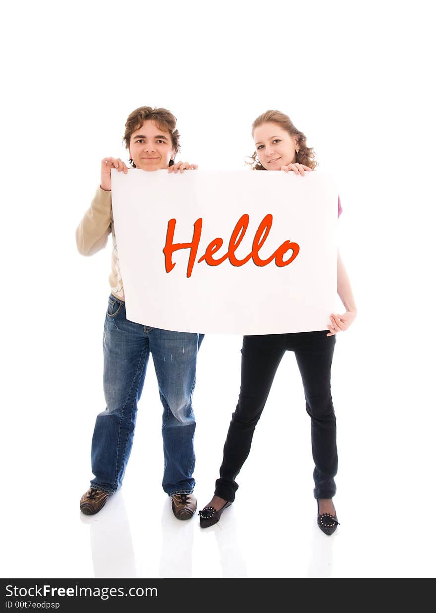 The happy couple with a poster isolated on a white