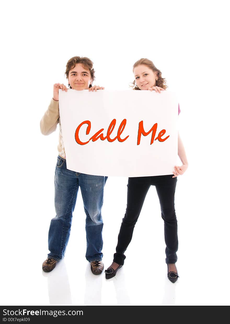 The happy couple with a poster isolated on a white