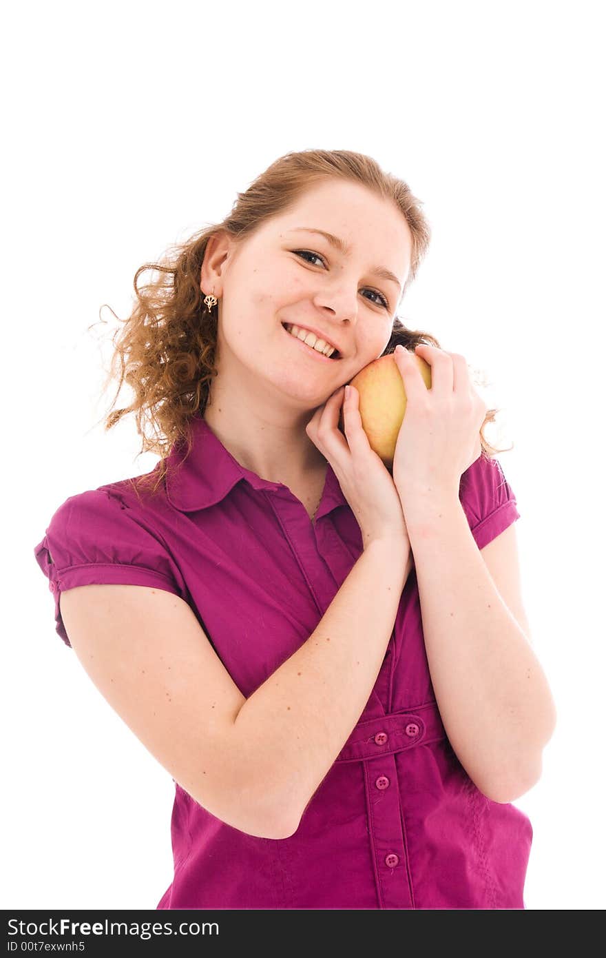 The young beautiful girl with the apple isolated on a white background