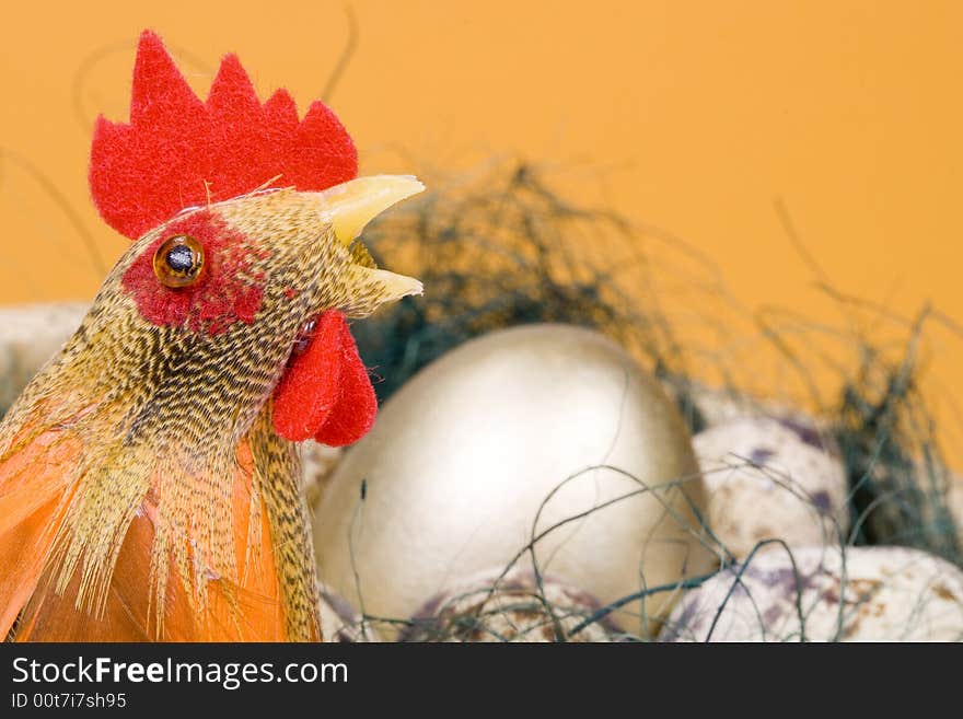 Cock and eggs in a nest