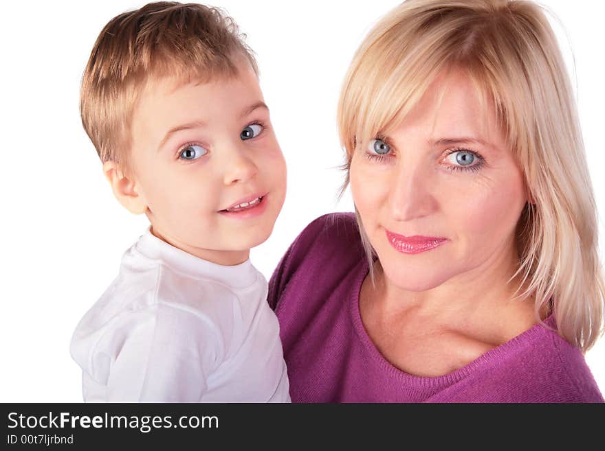 Woman with kid faces close-up on white 3. Woman with kid faces close-up on white 3