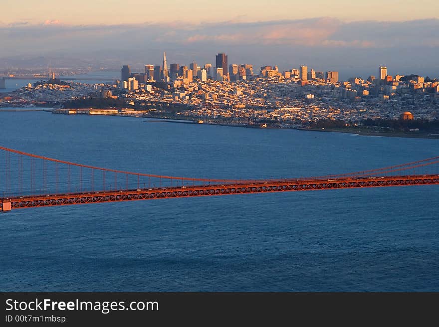 San Francisco and Golden Gate Bridge at sunset. San Francisco and Golden Gate Bridge at sunset