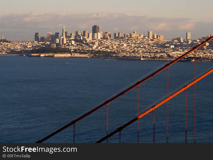 San Francisco and Golden Gate Bridge at sunset. San Francisco and Golden Gate Bridge at sunset