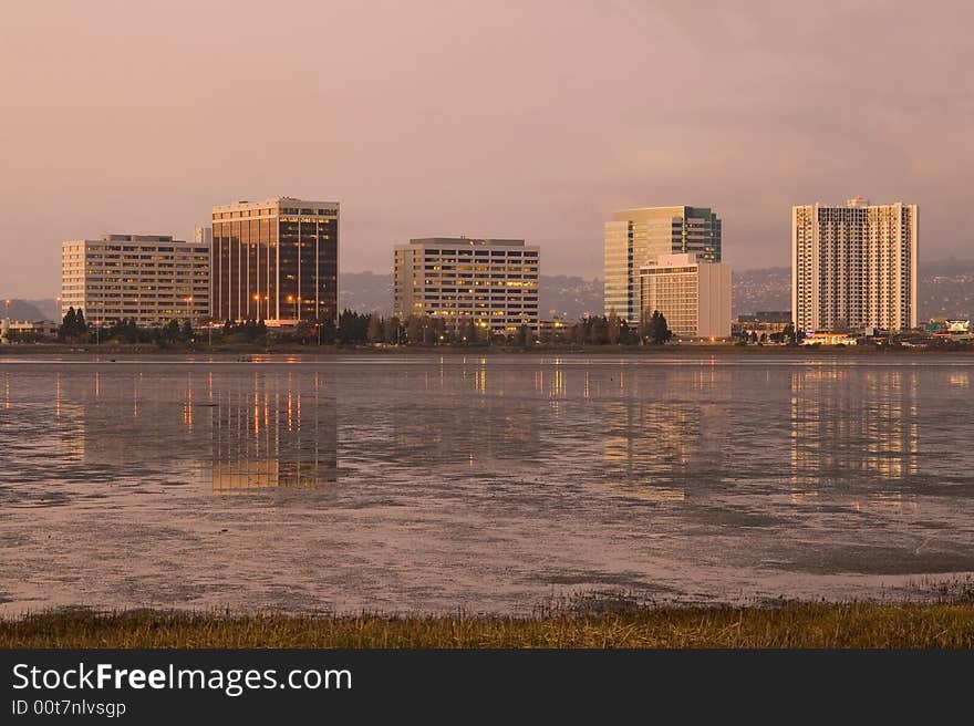 Emeryville skyline reflecting in the water