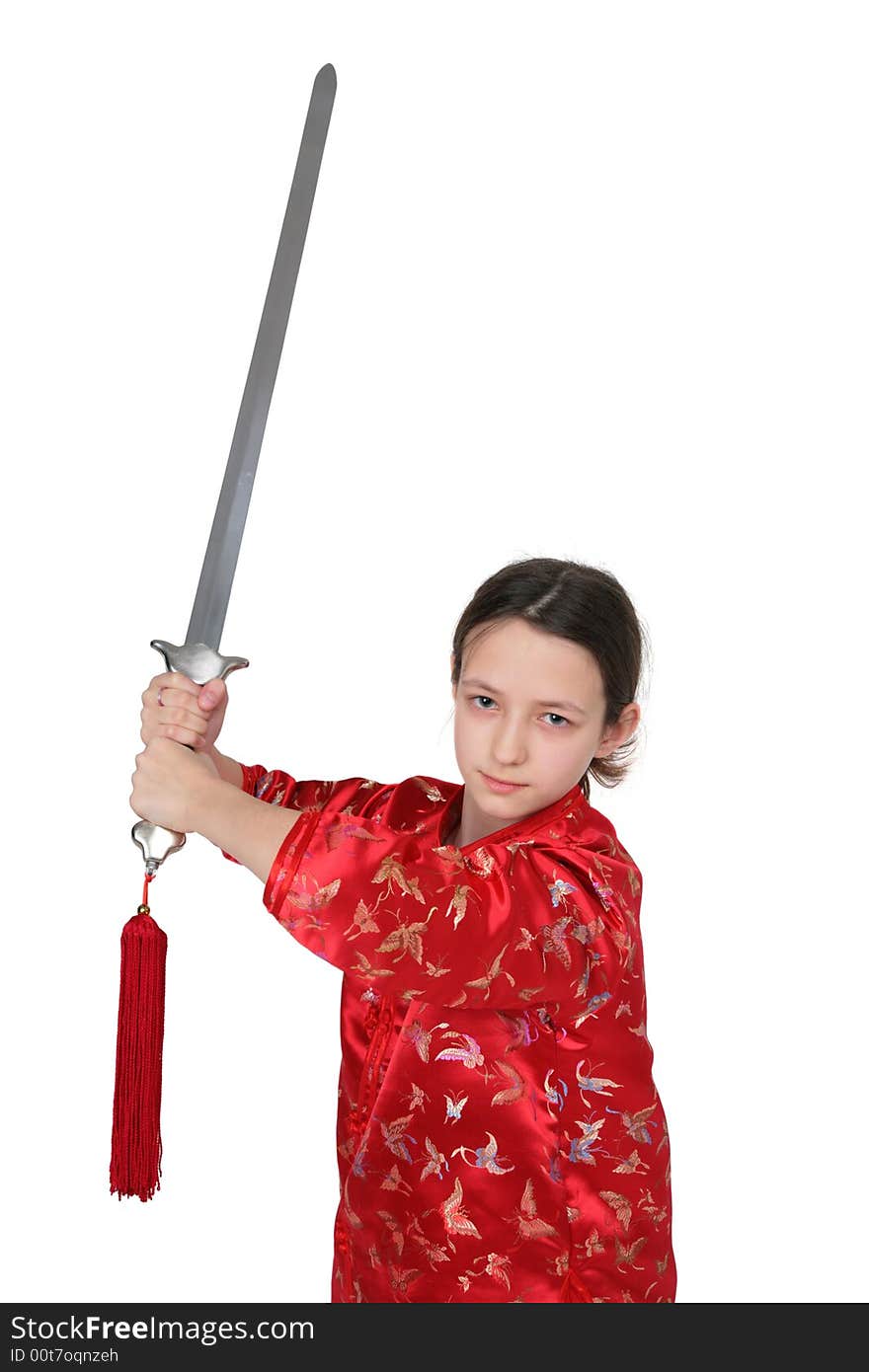 Wushu girl with sword on white