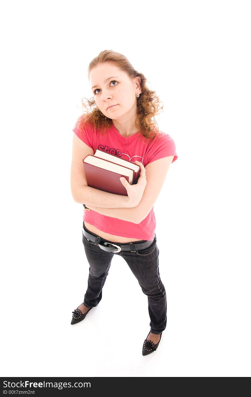 The young student with a books isolated on a white