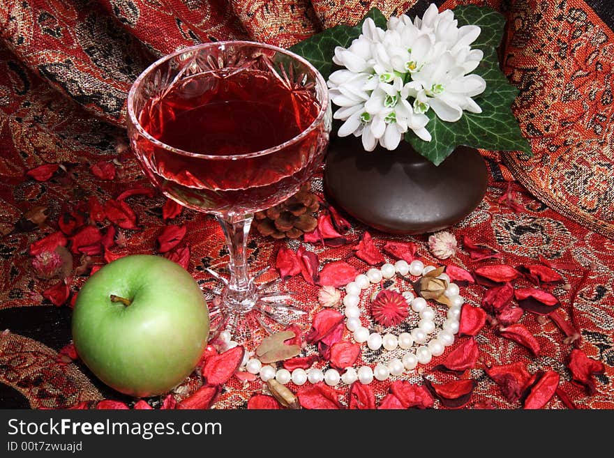 Still Life With Wine, Apple And Flowers