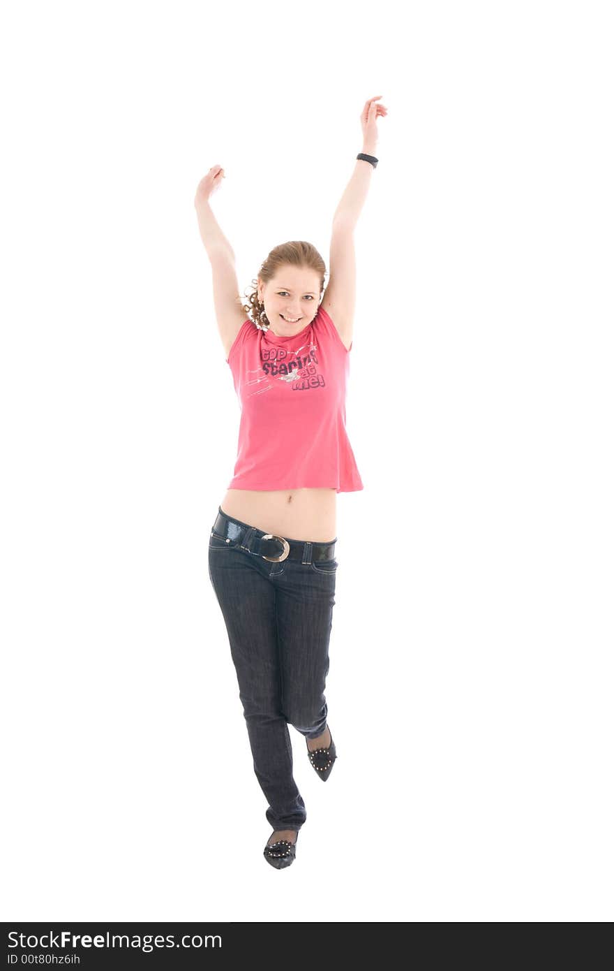 The young jumping girl isolated on a white