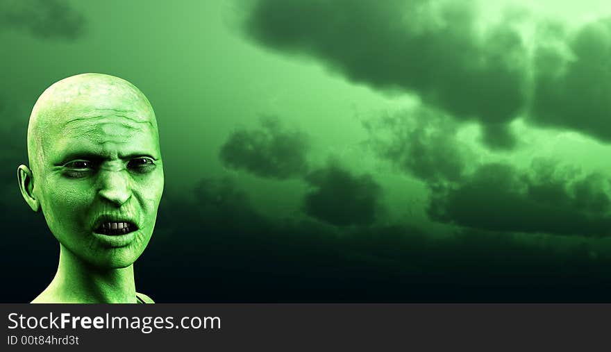 An image of a angry bald zombie women against a green gloomy sky. A good concept image for Halloween concepts. An image of a angry bald zombie women against a green gloomy sky. A good concept image for Halloween concepts.