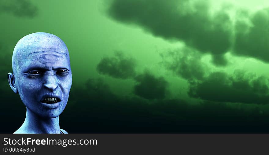 An image of a angry bald zombie women against a green gloomy sky. A good concept image for Halloween concepts. An image of a angry bald zombie women against a green gloomy sky. A good concept image for Halloween concepts.