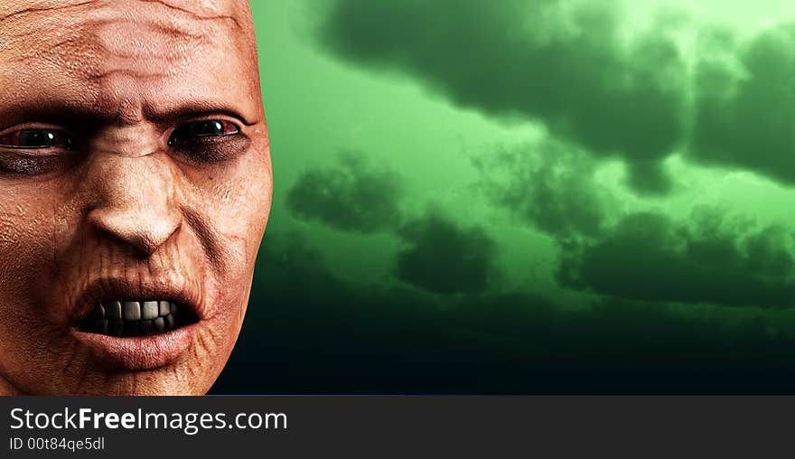 An image of a angry bald zombie women against a green gloomy sky. A good concept image for Halloween concepts. An image of a angry bald zombie women against a green gloomy sky. A good concept image for Halloween concepts.