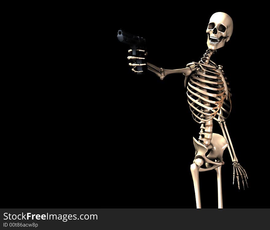 An image of a skeleton with a firearm, a possible interesting conceptual modern version of death. Or a medical image of a Skeleton in action. An image of a skeleton with a firearm, a possible interesting conceptual modern version of death. Or a medical image of a Skeleton in action.