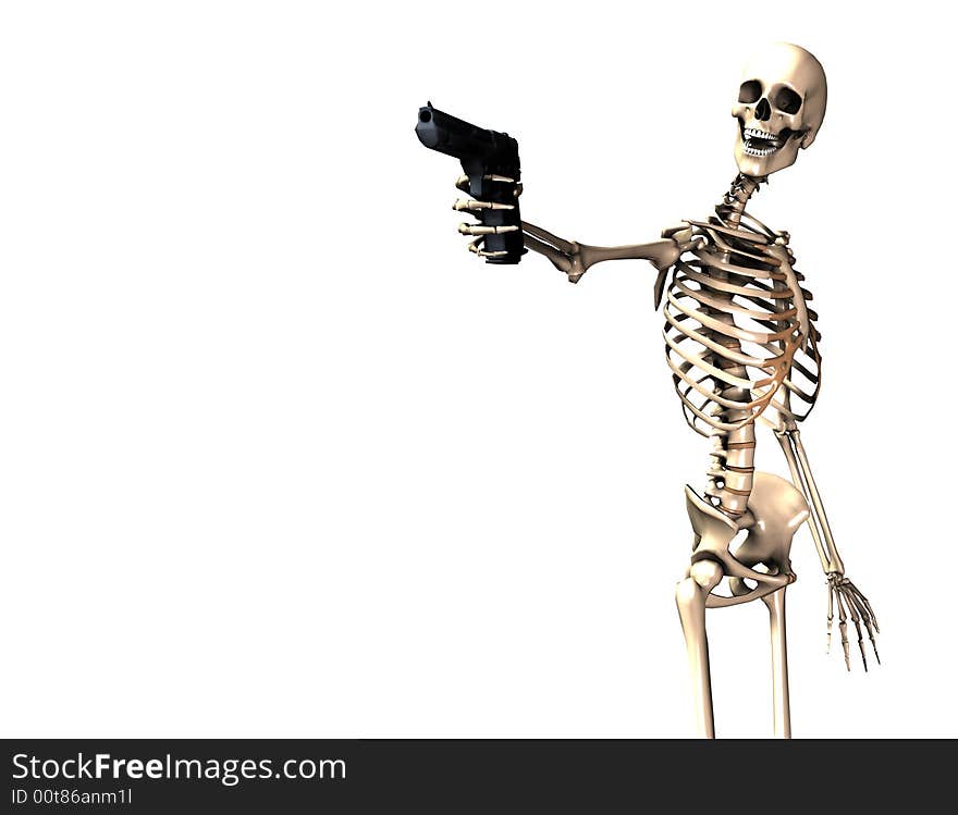 An image of a skeleton with a firearm, a possible interesting conceptual modern version of death. Or a medical image of a Skeleton in action. An image of a skeleton with a firearm, a possible interesting conceptual modern version of death. Or a medical image of a Skeleton in action.