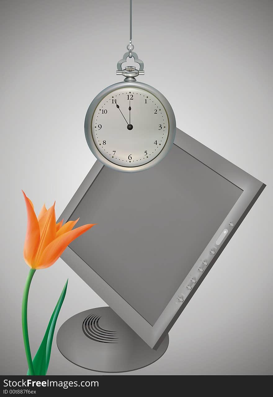 Clock screen and tulip -  illustration