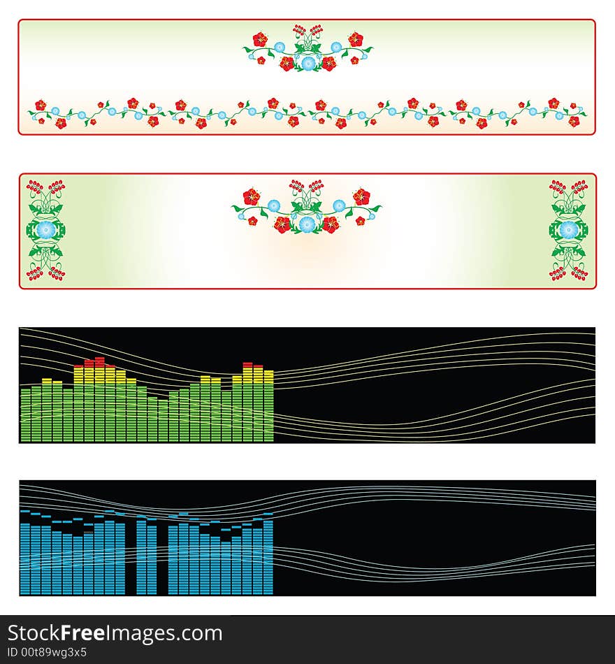 Vector web banner variations in floral pattern designs and digtal spectrum designs. Vector web banner variations in floral pattern designs and digtal spectrum designs