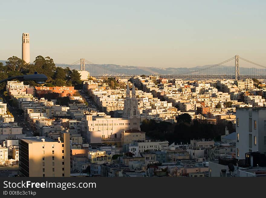 Coit Tower at sunset in San Francisco