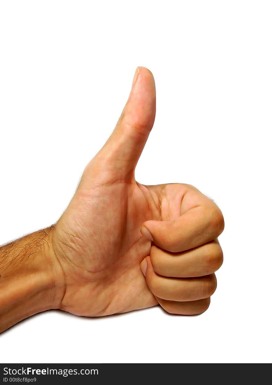 A hand doing the thumbs up gesture isolated on a white background.