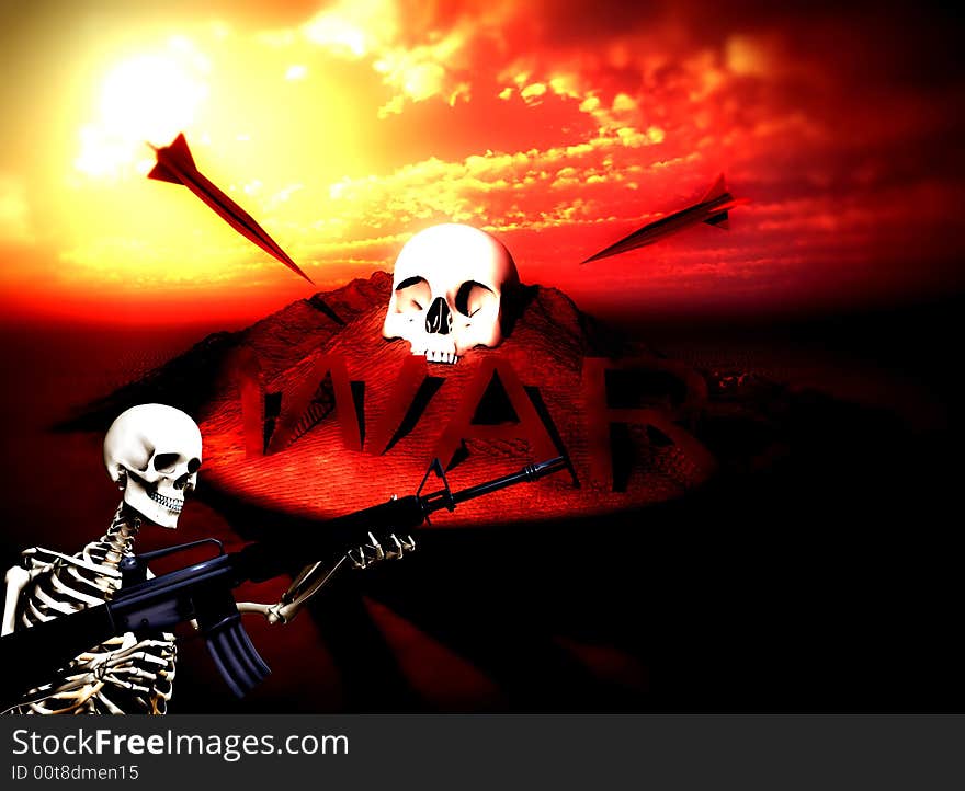 An conceptual image of a skeleton with a gun, it would be good to represent concepts of war. An conceptual image of a skeleton with a gun, it would be good to represent concepts of war.